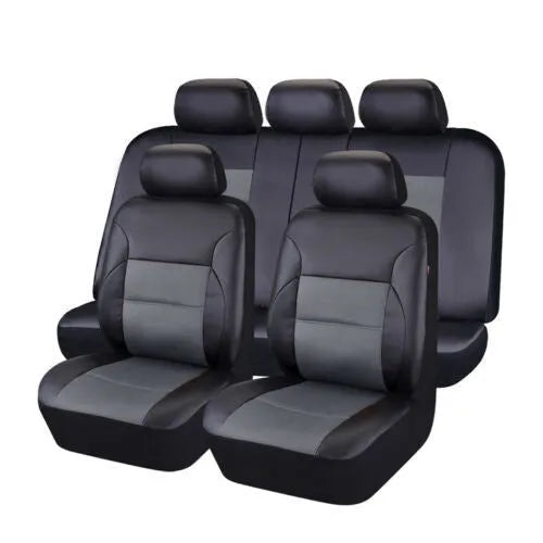 Black artificial leather car seat covers installed on front seats of a 5-seater vehicle.