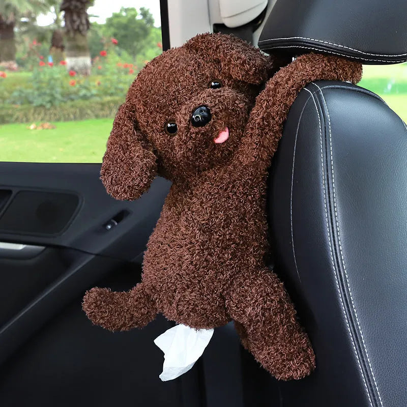Plush car seat tissue holder with strap attached to vehicle seat back in animal design