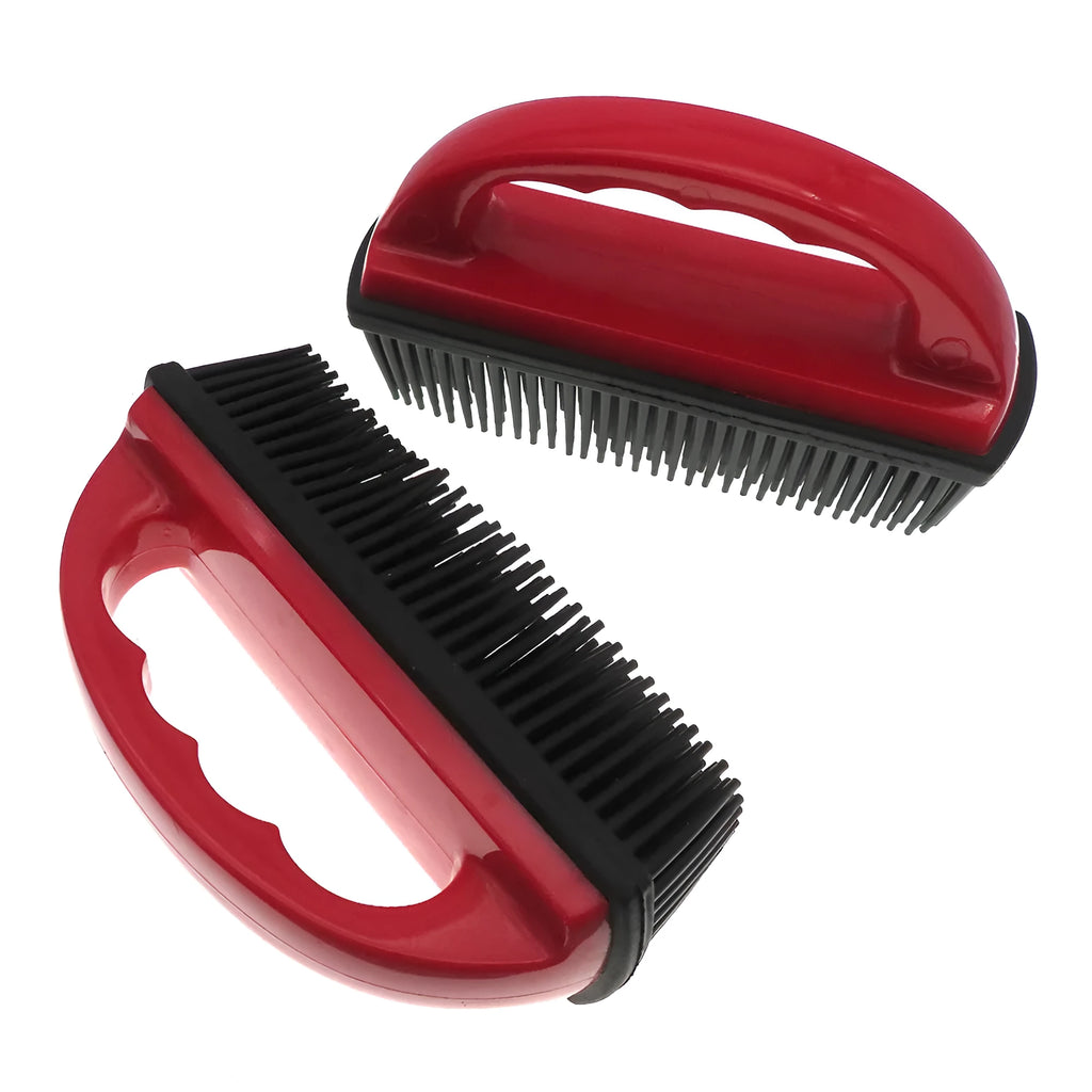 Red handled pet hair removal brush for grooming and cleaning carpets, measuring 160mm by 85mm.