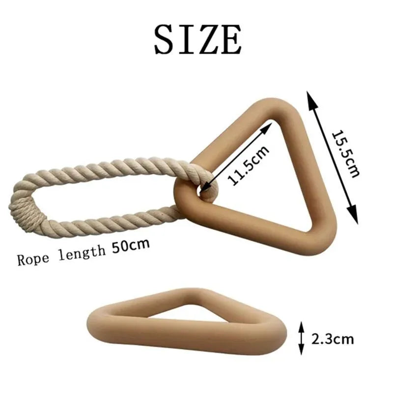Large triangular cotton rope pull ring pet toy with a long leash in beige, pink, or purple colour options.