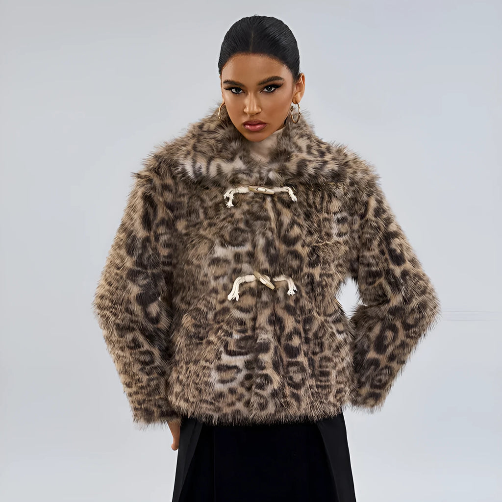 Women's leopard print polyester coat with regular sleeves in street fashion style