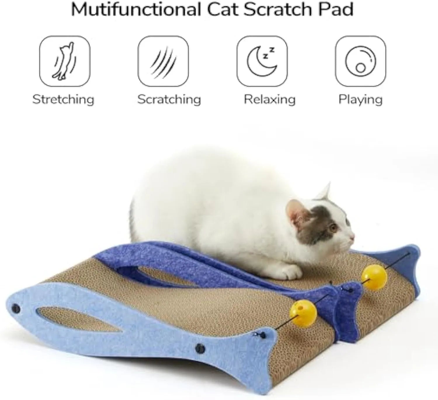 Blue fish-shaped cat scratcher lounge with bell ball toy on elastic cord