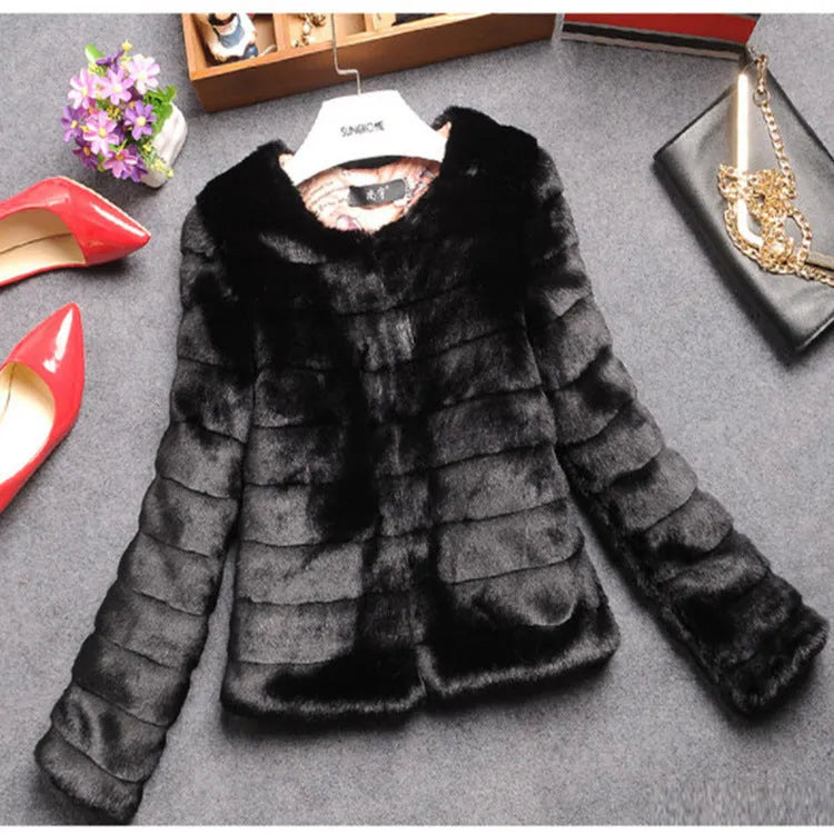 Women's short sleeve faux fur top in rabbit fur look, available in beige, black, and white.