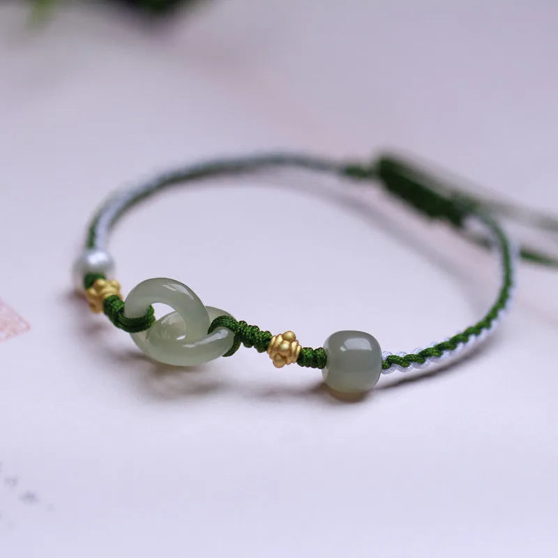 DIY woven bracelet with Hetian jade elements and flexible wire in 925 silver or copper gold plated finishes