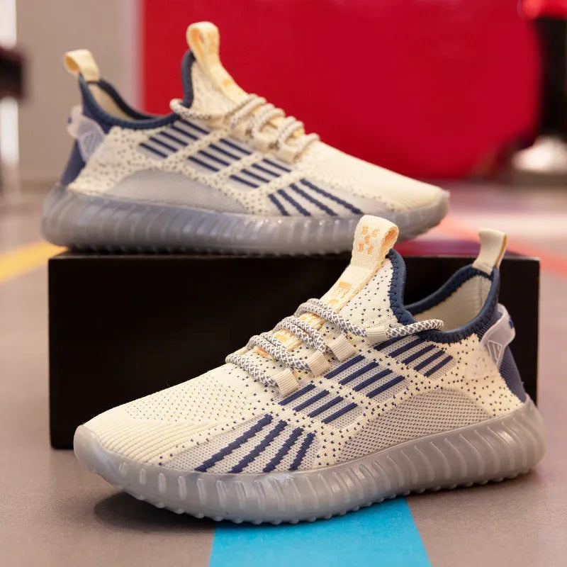 Men's white low-top platform sneakers with breathable fabric upper and round toe.