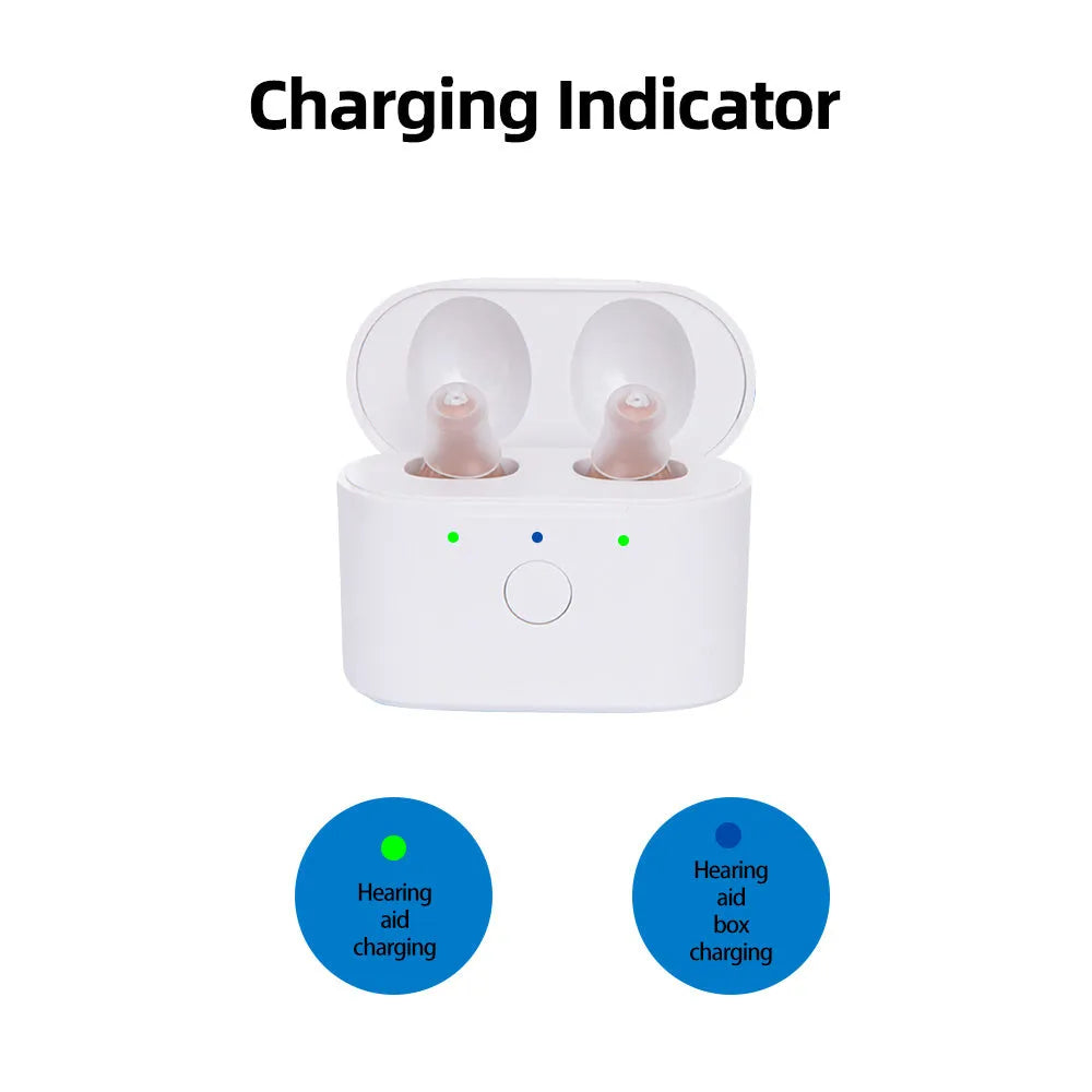 Beige and red-blue rechargeable behind-the-ear hearing aid with magnetic charging case.
