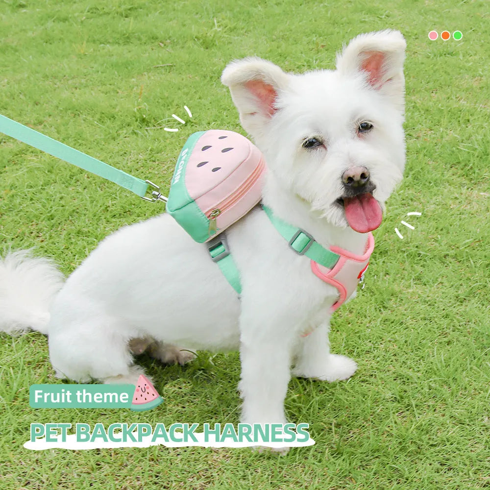 Green anti-slip pet harness and backpack set for a small dog on a pink background