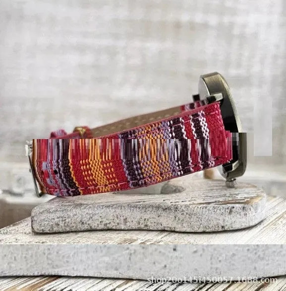 Ladies watch with rainbow pattern multicolor dial and antique bronze metal case on woven PU leather strap