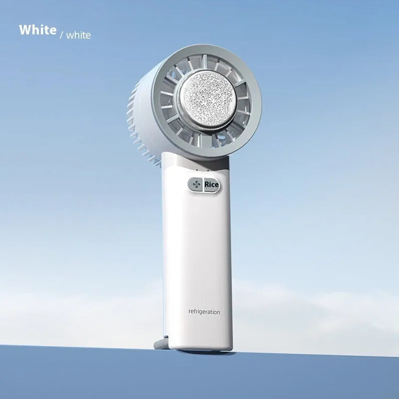 White handheld turbo fan with touch controls, showing compact duct design for personal cooling.