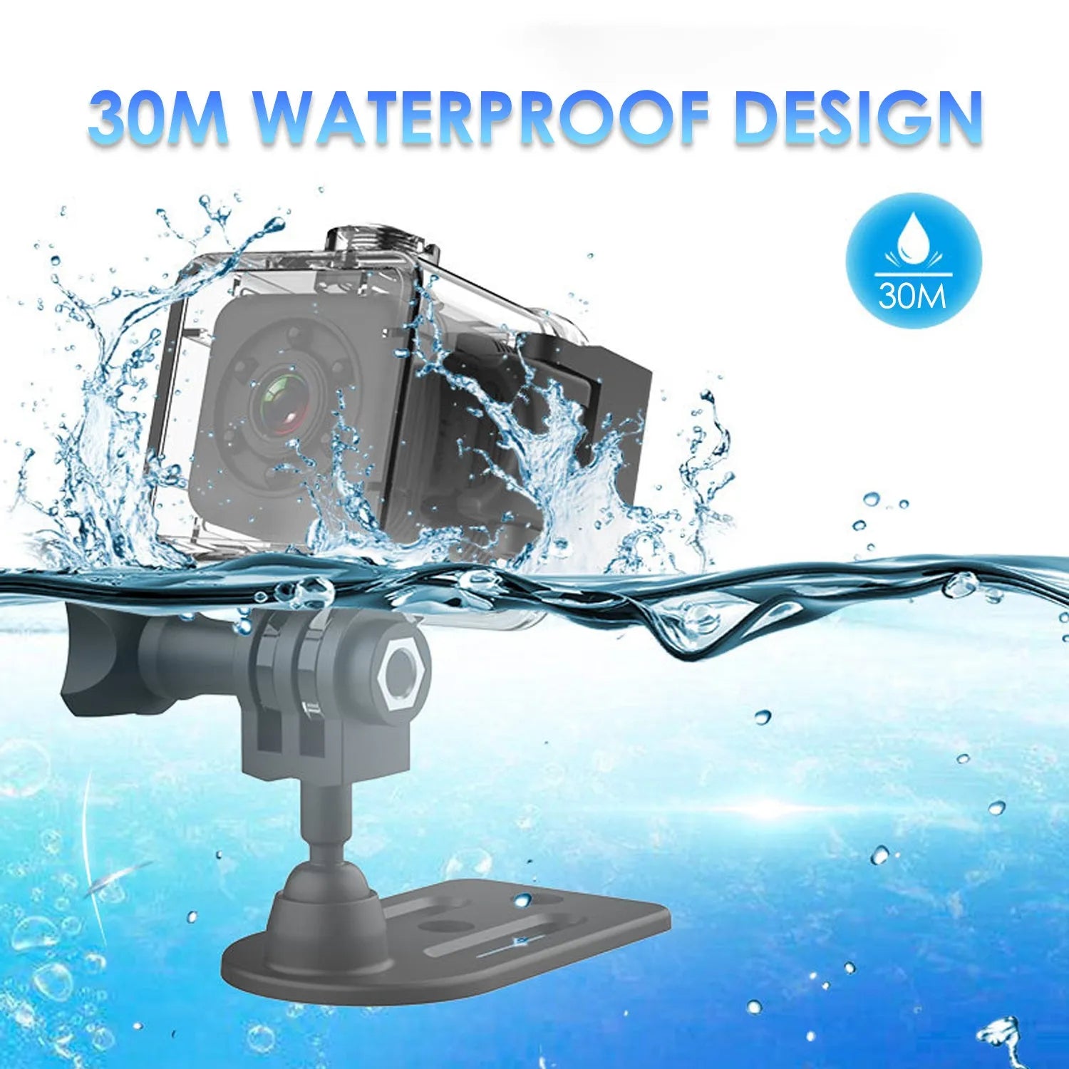 Black SQ29 waterproof sports camera showing Micro USB port and TF card slot for extended recording.