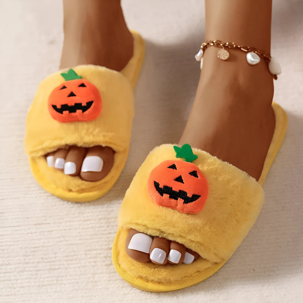 Halloween pumpkin plush slippers with synthetic fur and PVC anti-slip soles