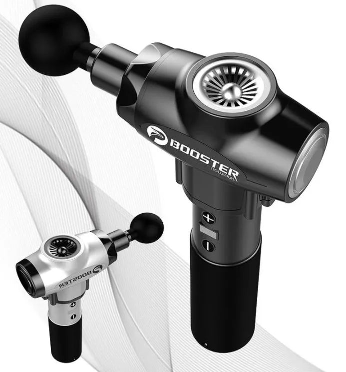 Black and white handheld muscle massager with adjustable speed control and lithium battery power