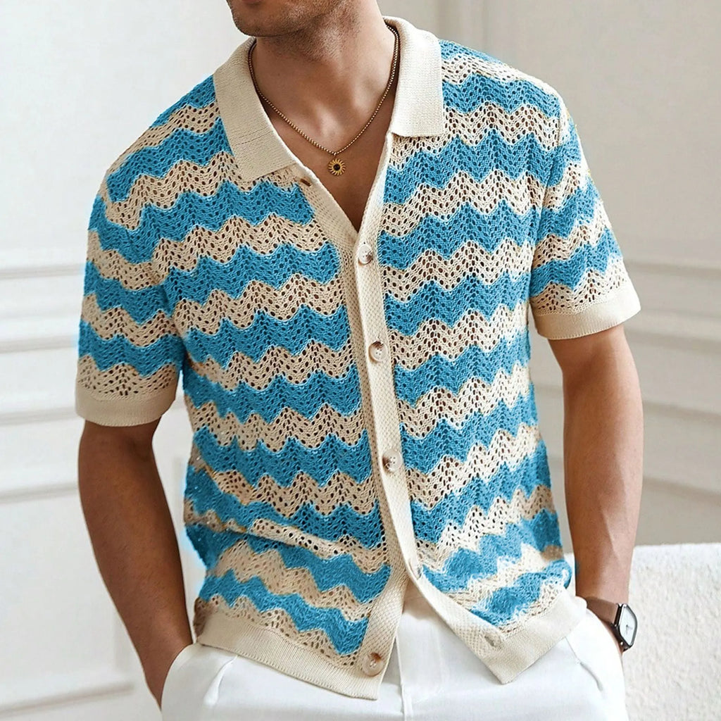 Short sleeve corrugated Tencel sweater with a blue hollow jacquard texture on a hanger.