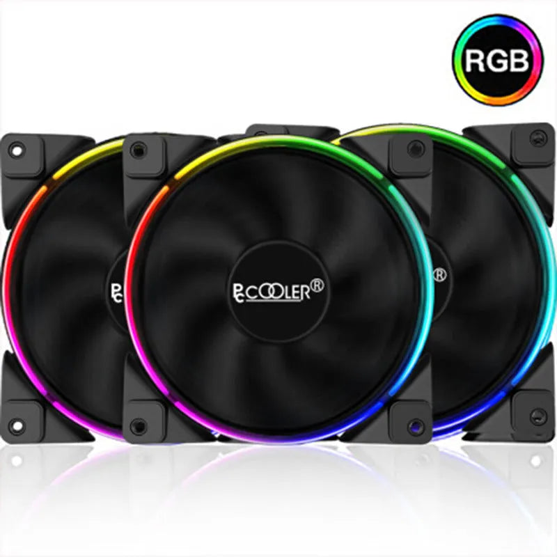 Set of three black 12cm RGB PC case fans with illuminated blades