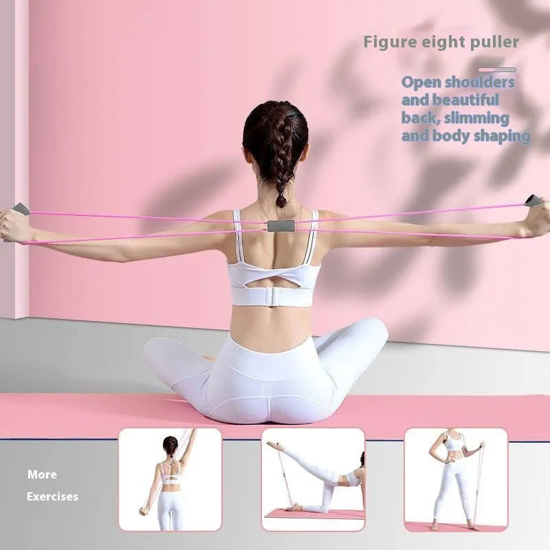 Yoga four-piece fitness set showing leg stretcher, yoga ring, pedal puller, and figure eight tension rope