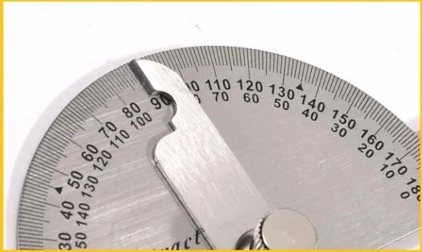 Clear plastic adjustable protractor showing angle measurement scale and two size options