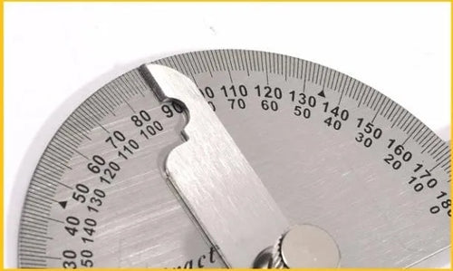 Clear plastic adjustable protractor showing angle measurement scale and two size options