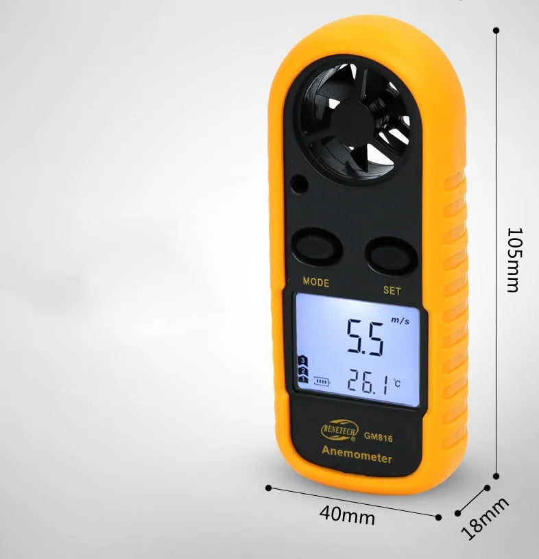 Orange digital portable wind speed measuring instrument anemometer showing display
