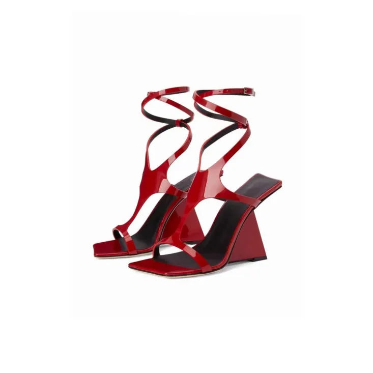 Women's black square-toe high heel sandals with a buckle fastening and 9.5cm block heel.