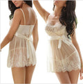 White spandex lace chemise lingerie set on a mannequin, showing adjustable straps.