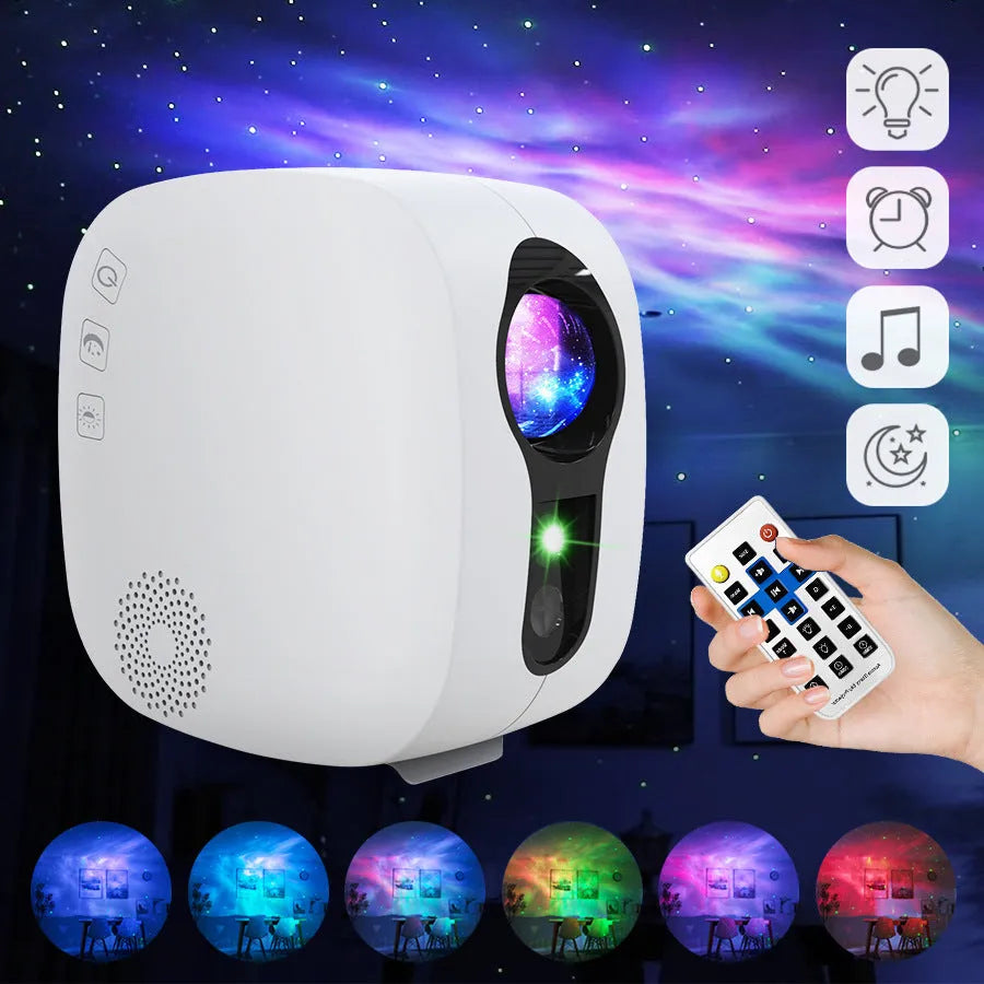 Black and white laser starry sky projection lamp showing nebula moon lights on a wall.