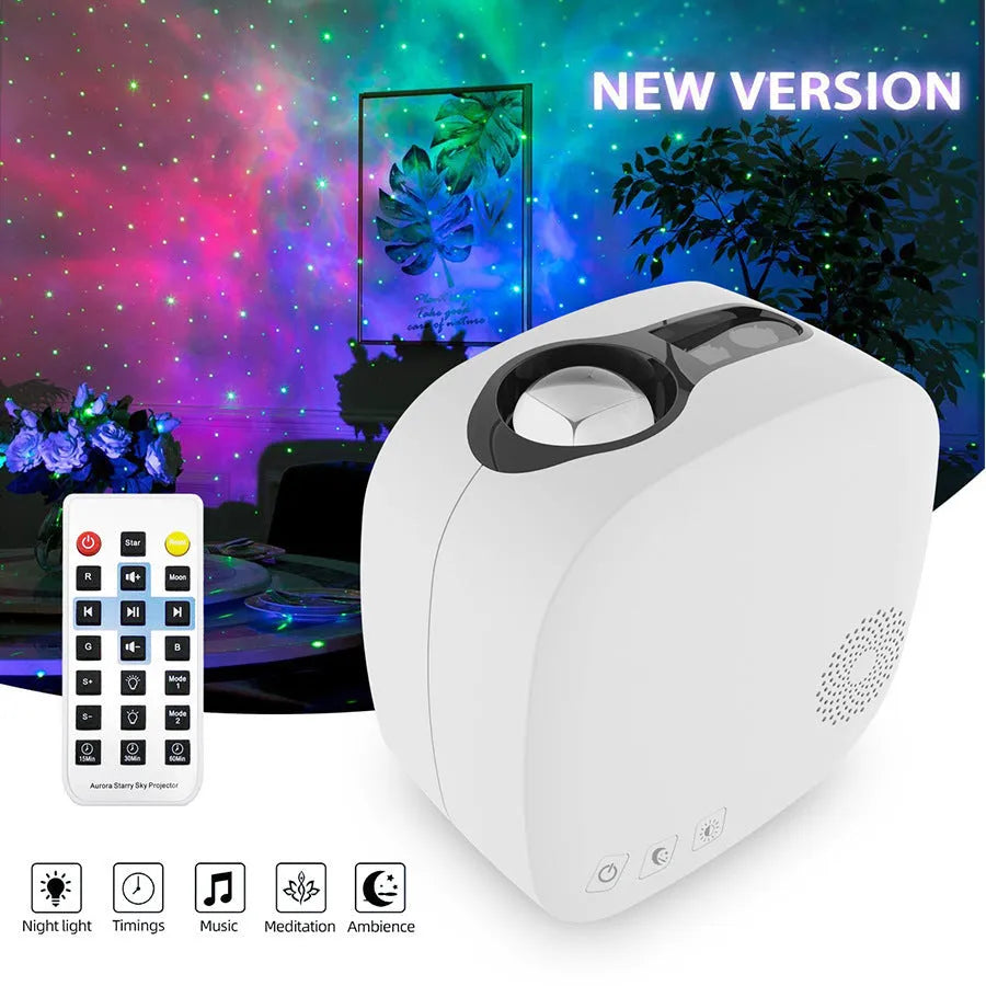Black and white laser starry sky projection lamp showing nebula moon lights on a wall.
