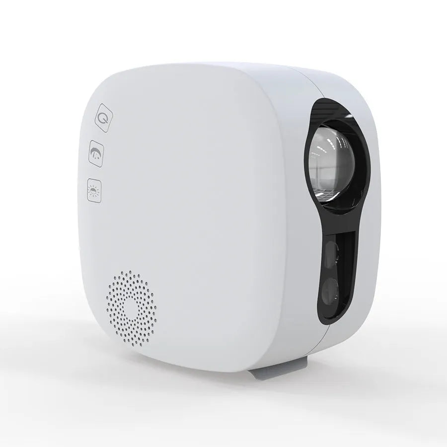 Black and white laser starry sky projection lamp showing nebula moon lights on a wall.