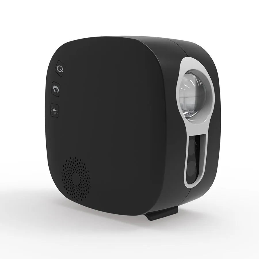 Black and white laser starry sky projection lamp showing nebula moon lights on a wall.