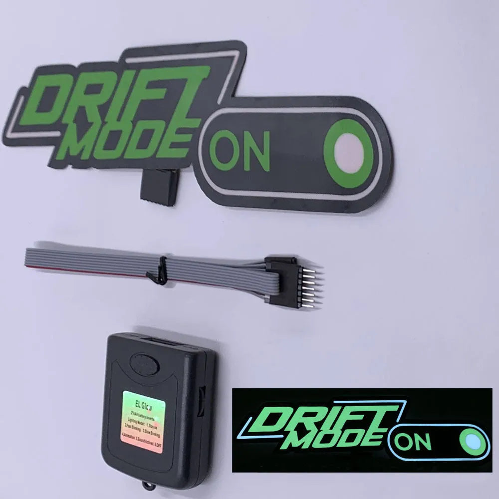 Luminous adhesive window sticker connected to a remote driver with a cable, showing multiple flashing mode icons.