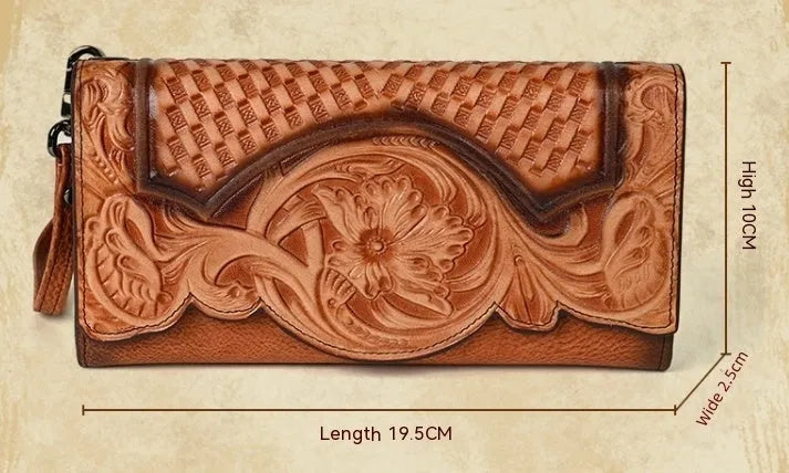 Retro brown embossed Chinese floral pattern tri-fold leather wallet open showing interior compartments.