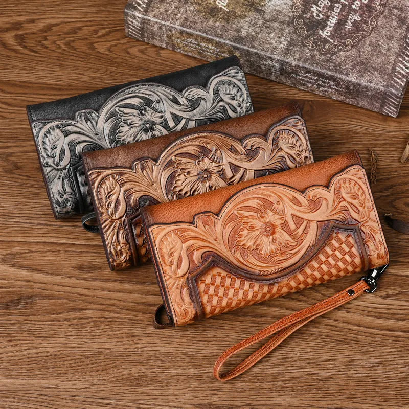 Retro brown embossed floral tri-fold wallet made from genuine cowhide leather.