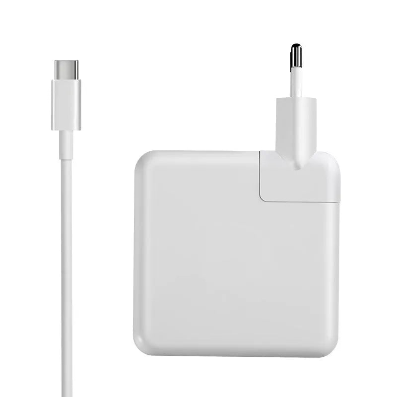 Laptop power adapter with choice of international plugs and a USB-C to USB-C cable.