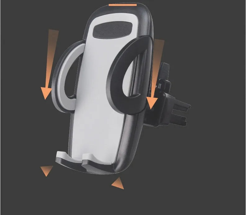 Black plastic mobile phone holder mounted on car air conditioning outlet vent