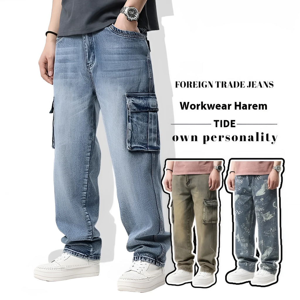 Man wearing loose-fit blue denim hip hop trousers with multiple pockets and a straight leg.