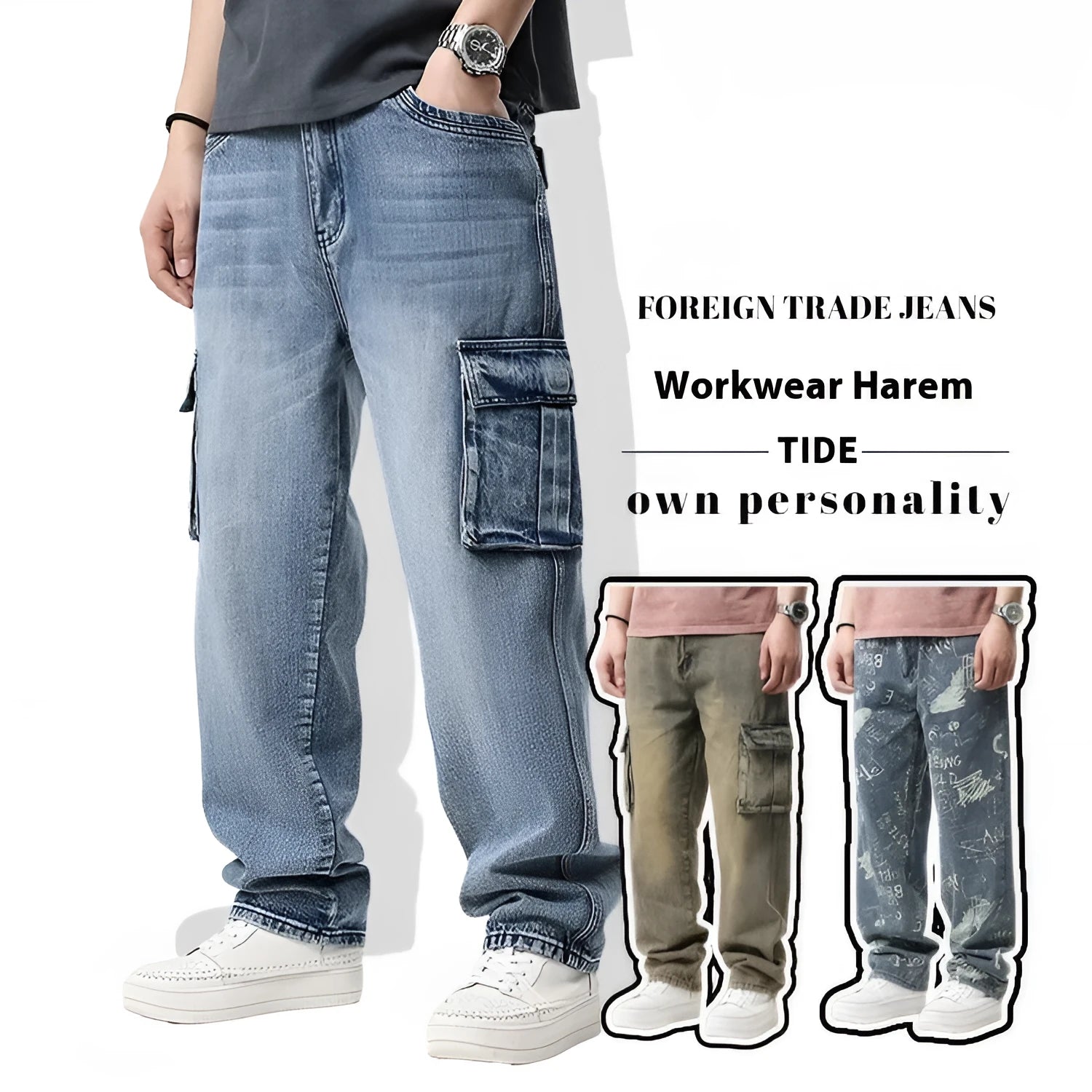 Man wearing loose-fit blue denim hip hop trousers with multiple pockets and a straight leg.