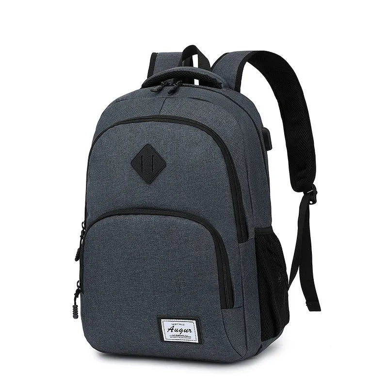 Grey and black USB charging backpack with trolley sleeve on luggage