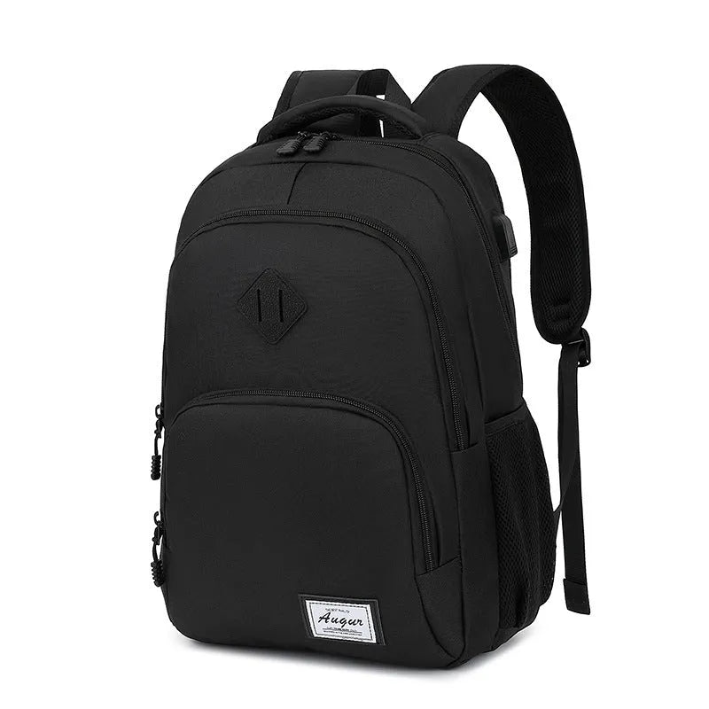 Grey and black USB charging backpack with trolley sleeve on luggage