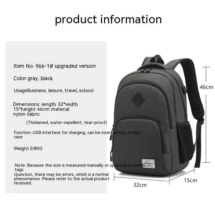 Grey and black USB charging backpack with trolley sleeve on luggage