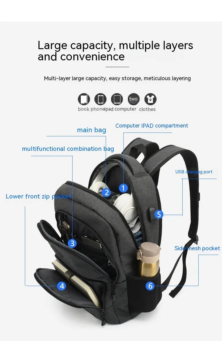 Grey and black USB charging backpack with trolley sleeve on luggage