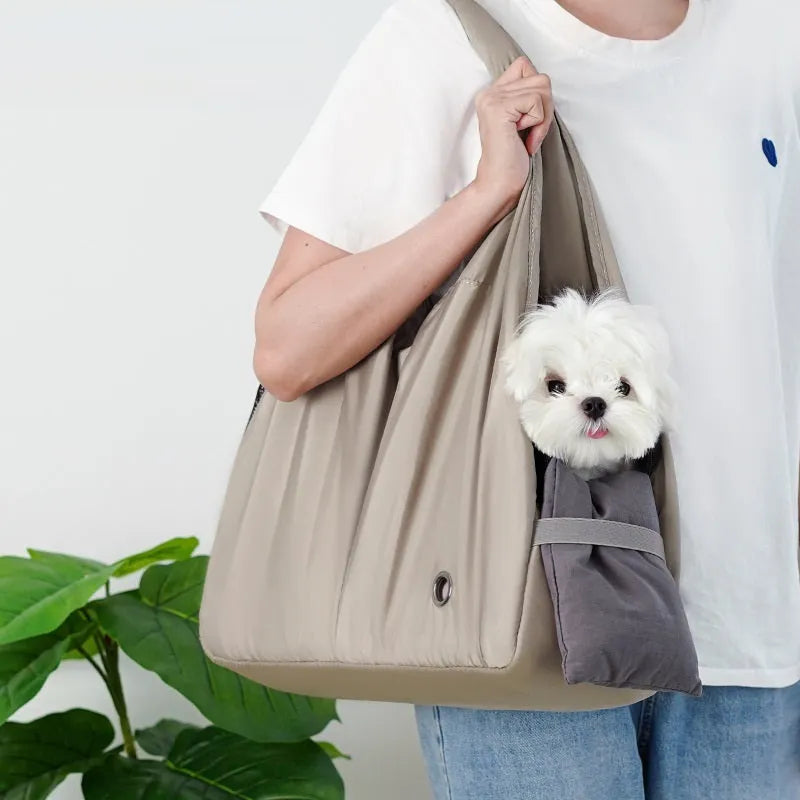 Apricot cloth pet carrier handbag showing dimensions and breathable construction