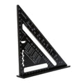 Black aluminium triangle ruler square showing 90 and 45 degree angles with measurement scales