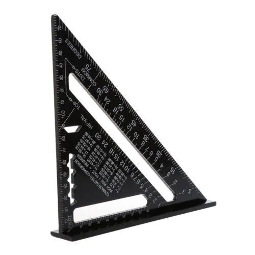 Black aluminium triangle ruler square showing 90 and 45 degree angles with measurement scales