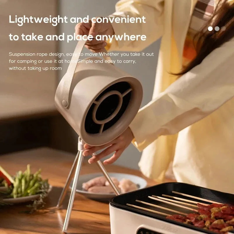 Milky white portable desktop exhaust fan with tripod stand and removable filter for kitchen smoke extraction