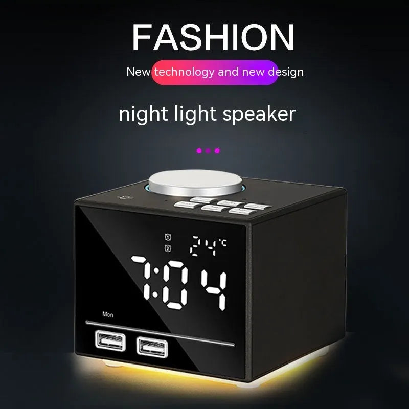 Bluetooth speaker alarm clock with colourful ambient light, LED mirror display, and dual USB ports on a nightstand