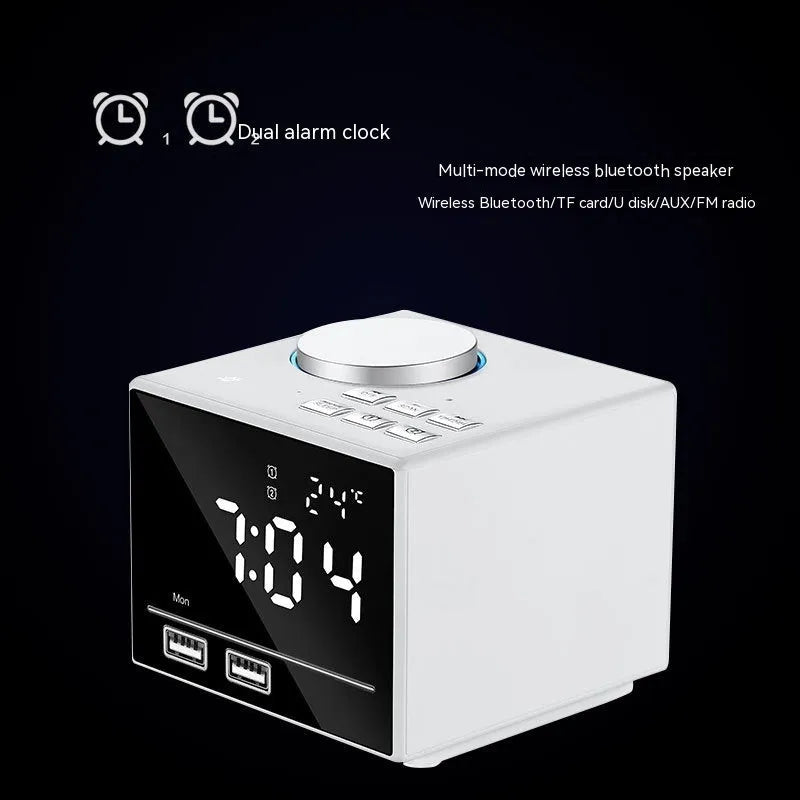 Bluetooth speaker alarm clock with colourful ambient light, LED mirror display, and dual USB ports on a nightstand