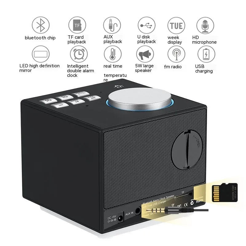 Bluetooth speaker alarm clock with colourful ambient light, LED mirror display, and dual USB ports on a nightstand