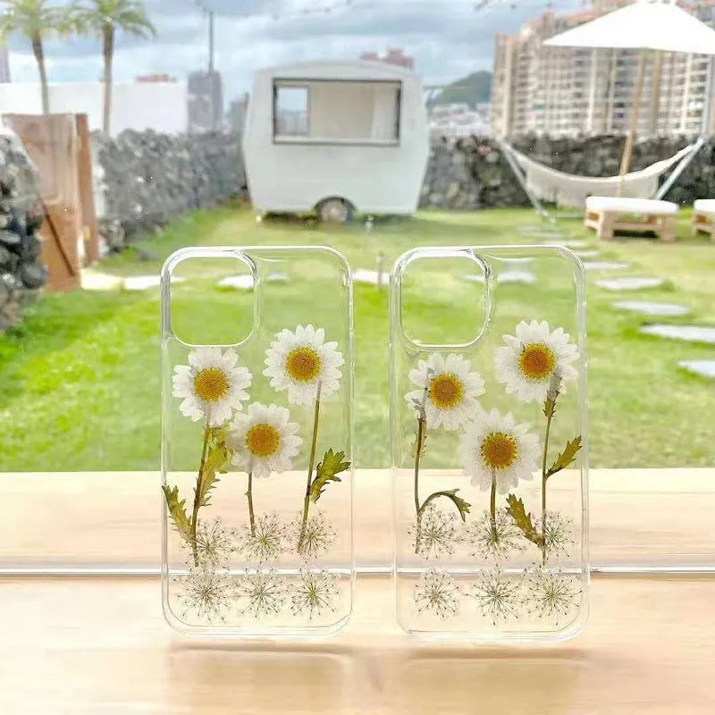 White clear epoxy daisy floral design TPU phone case for iPhone, shown from the back.