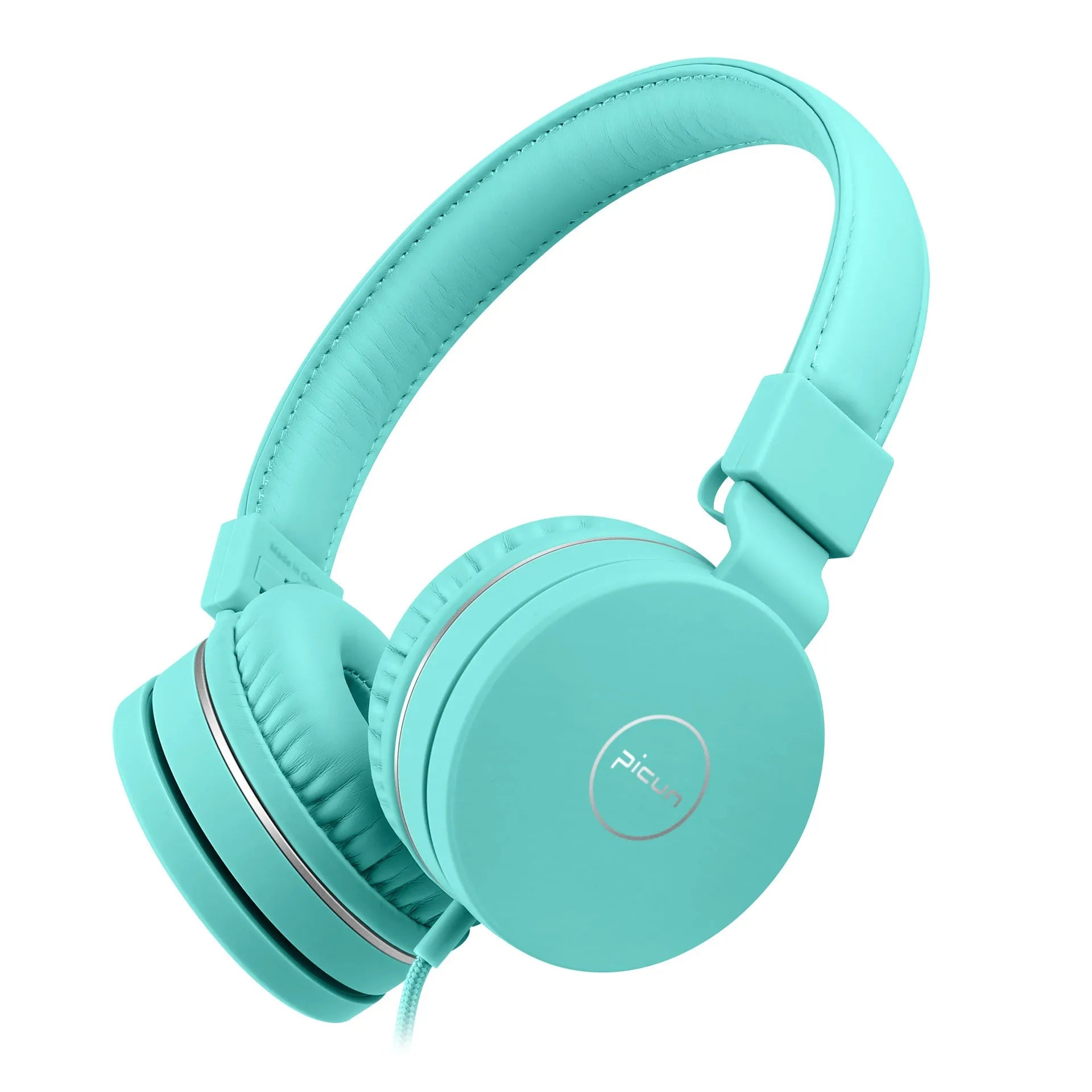 Wired over-ear headphones in mint green with protein earmuffs and a braided cable.