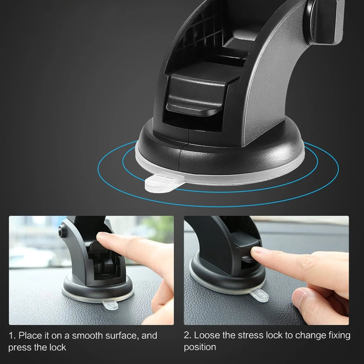 Black telescopic car phone holder with suction cup mount extended on a car dashboard.