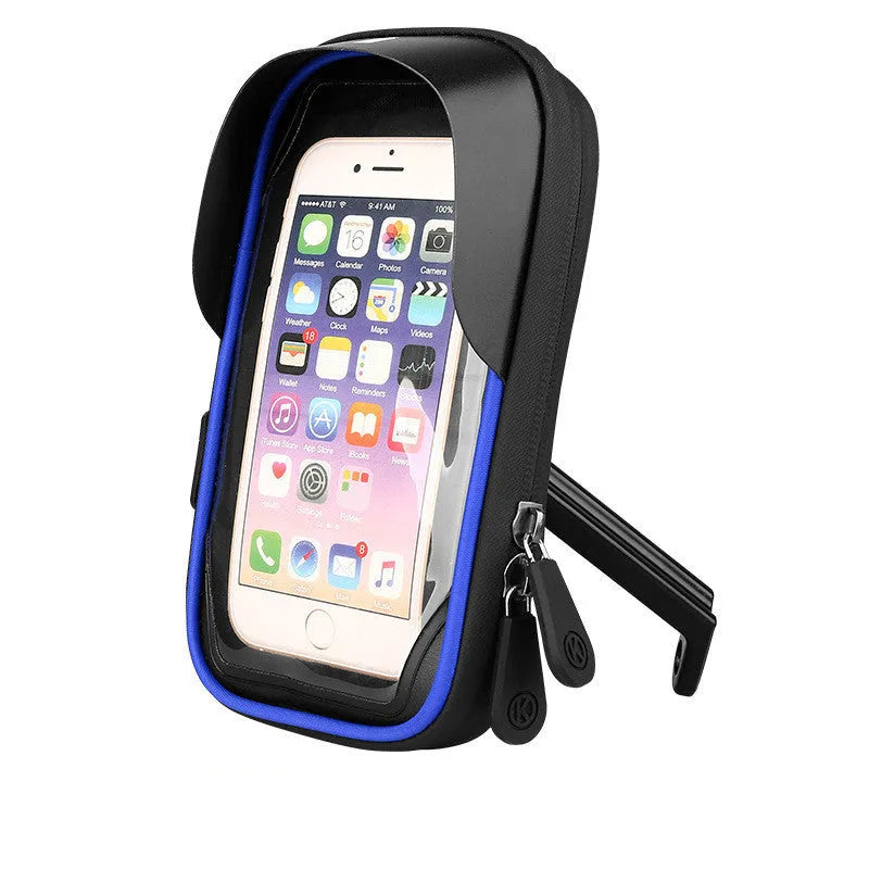 TPU mobile phone holder mounted on bicycle handlebar showing waterproof zipper and touch screen access
